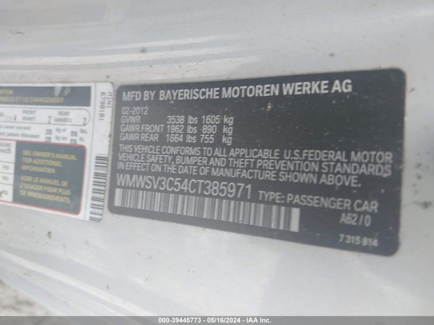 2012 Mini Cooper S VIN: WMWSV3C54CT385971 Lot: 39445773