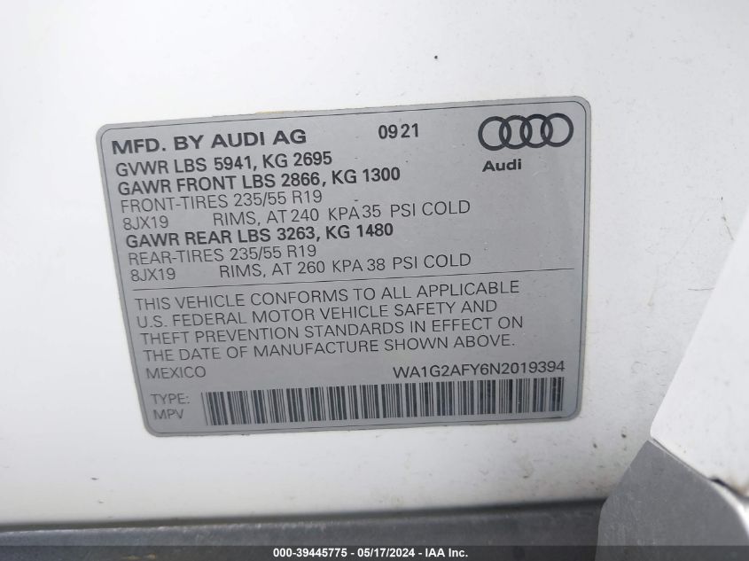 2022 Audi Q5 Premium 55 Tfsi E S Line Quattro S Tronic VIN: WA1G2AFY6N2019394 Lot: 39445775