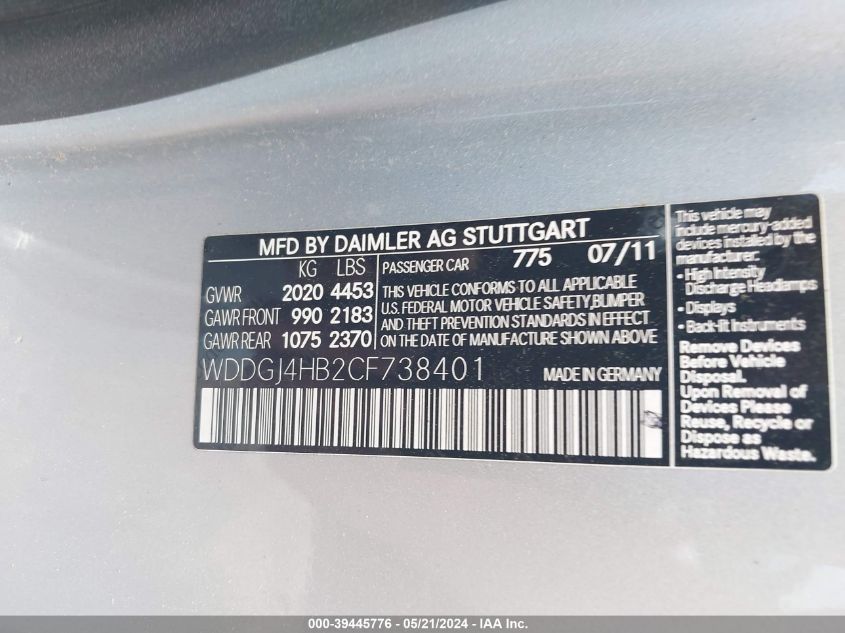 2012 Mercedes-Benz C 250 VIN: WDDGJ4HB2CF738401 Lot: 39445776