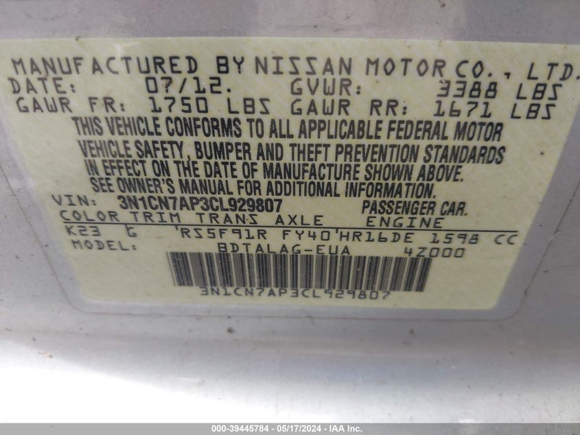 2012 Nissan Versa 1.6 S VIN: 3N1CN7AP3CL929807 Lot: 39445784