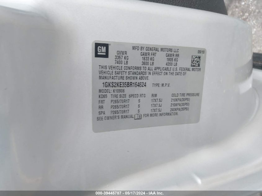 2011 GMC Yukon Xl 1500 Slt VIN: 1GKS2KE35BR164624 Lot: 39445787