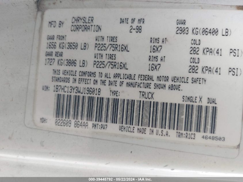 1998 Dodge Ram 1500 St VIN: 1B7HC13Y3WJ196018 Lot: 39445792