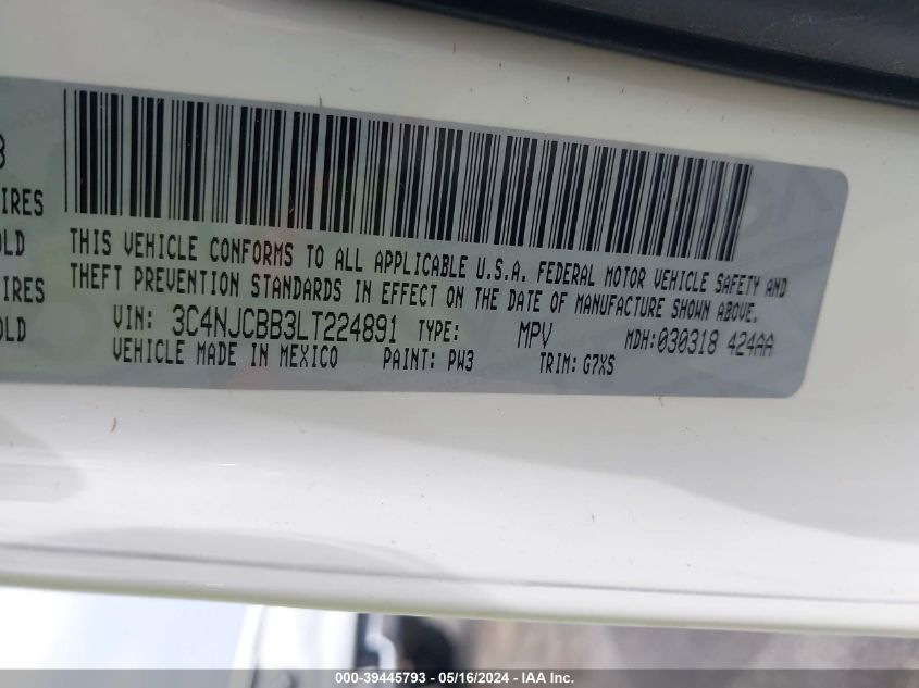 2020 Jeep Compass Sun And Safety Fwd VIN: 3C4NJCBB3LT224891 Lot: 39445793