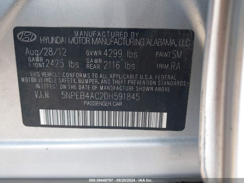 2013 Hyundai Sonata Gls VIN: 5NPEB4AC2DH591845 Lot: 39445797
