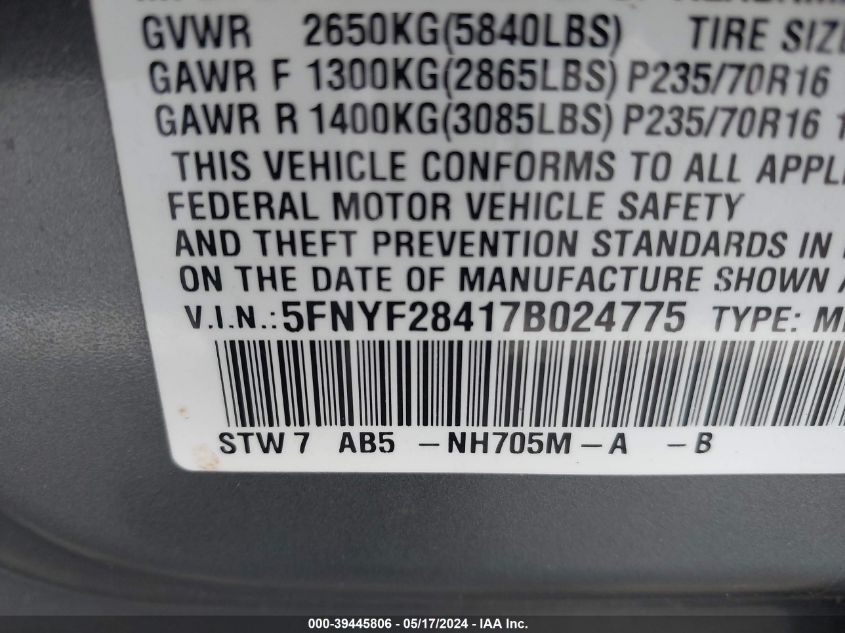 2007 Honda Pilot Ex VIN: 5FNYF28417B024775 Lot: 39445806