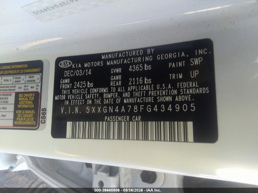 2015 Kia Optima Ex VIN: 5XXGN4A78FG434905 Lot: 39445808