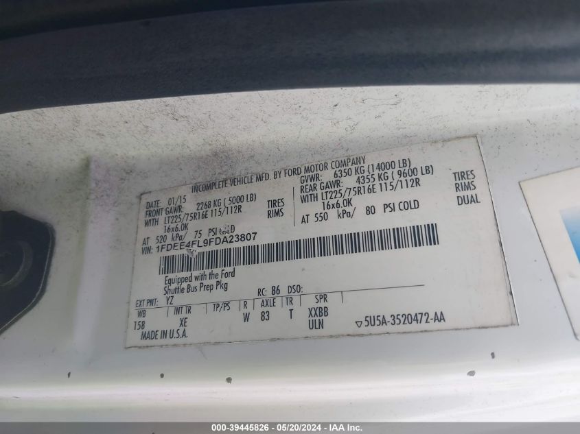 2015 Ford Econoline E450 Super Duty Cutwy Van VIN: 1FDEE4FL9FDA23807 Lot: 39445826