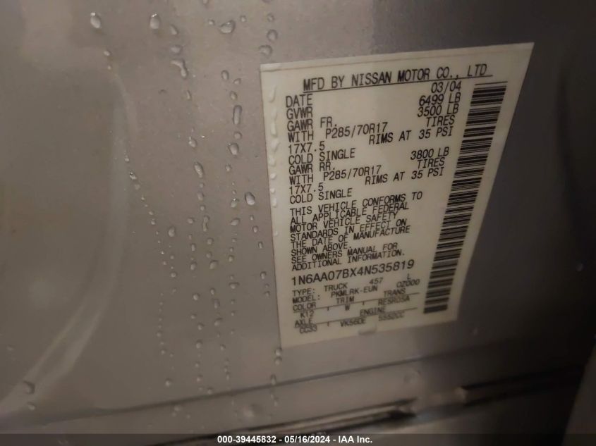 2004 Nissan Titan Xe VIN: 1N6AA07BX4N535819 Lot: 39445832