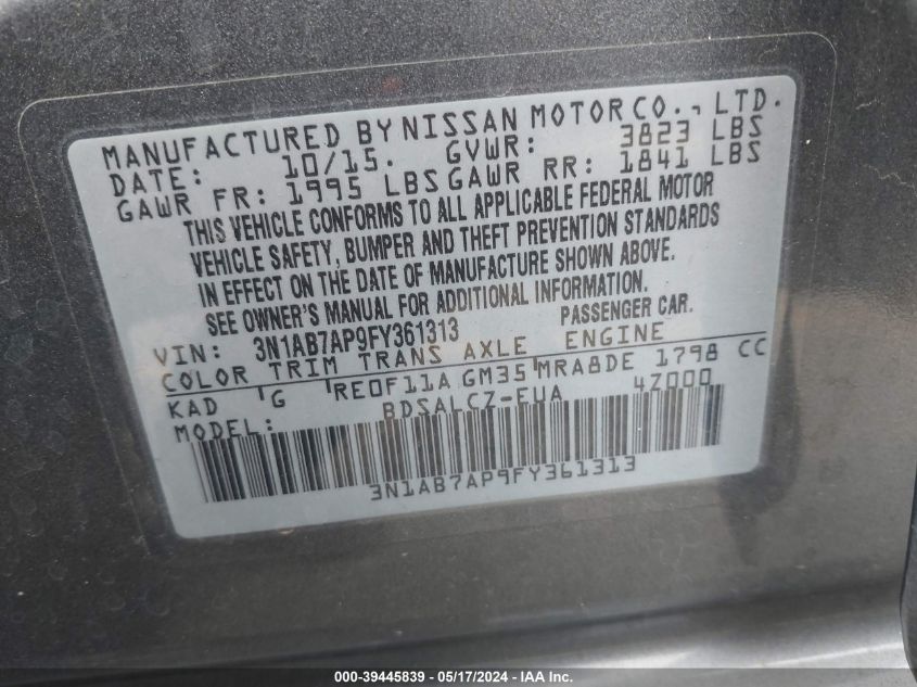 2015 Nissan Sentra S VIN: 3N1AB7AP9FY361313 Lot: 39445839