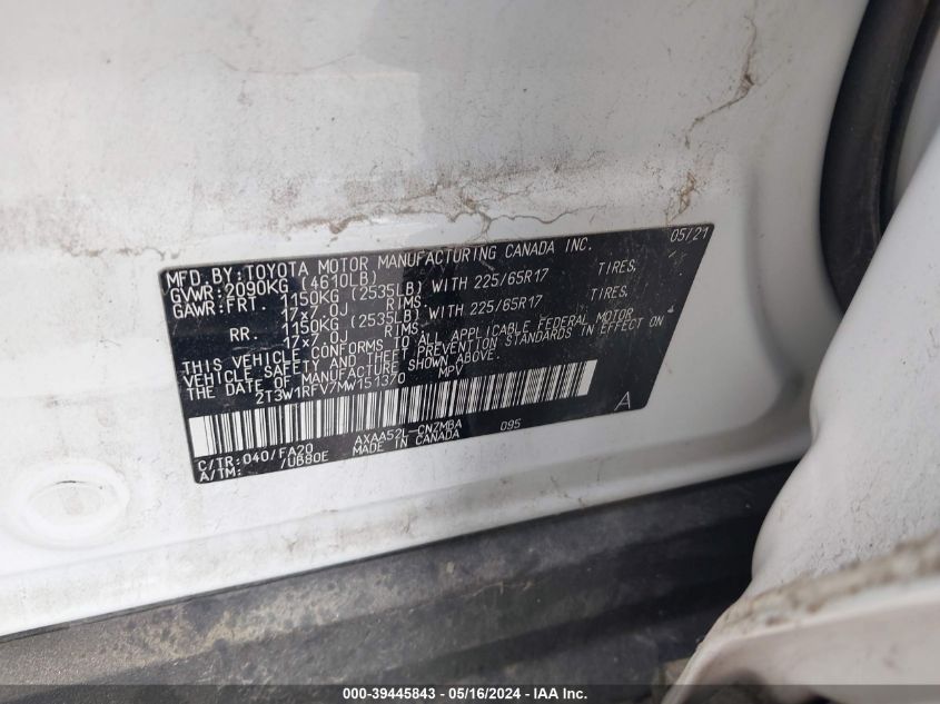 2021 Toyota Rav4 Xle VIN: 2T3W1RFV7MW151370 Lot: 39445843