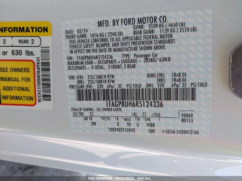 2024 Ford Mustang Ecoboost Premium VIN: 1FAGP8UH6R5124336 Lot: 39445848