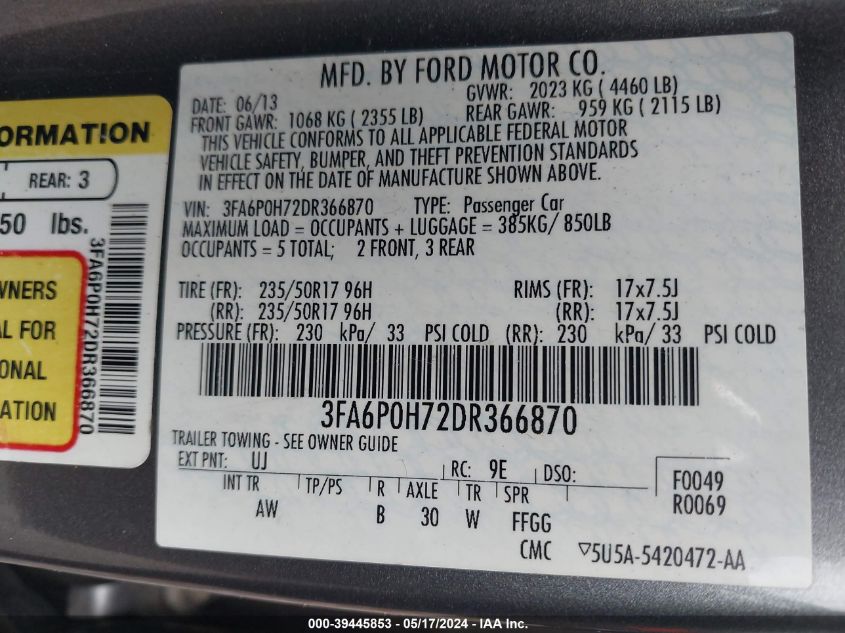 2013 Ford Fusion Se VIN: 3FA6P0H72DR366870 Lot: 39445853