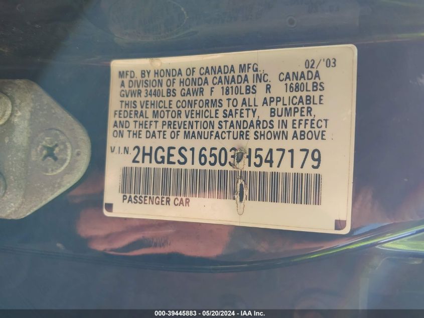 2003 Honda Civic Lx VIN: 2HGES16503H547179 Lot: 39445883