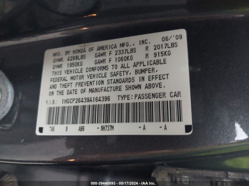 2009 Honda Accord 2.4 Lx-P VIN: 1HGCP26439A164396 Lot: 39445893