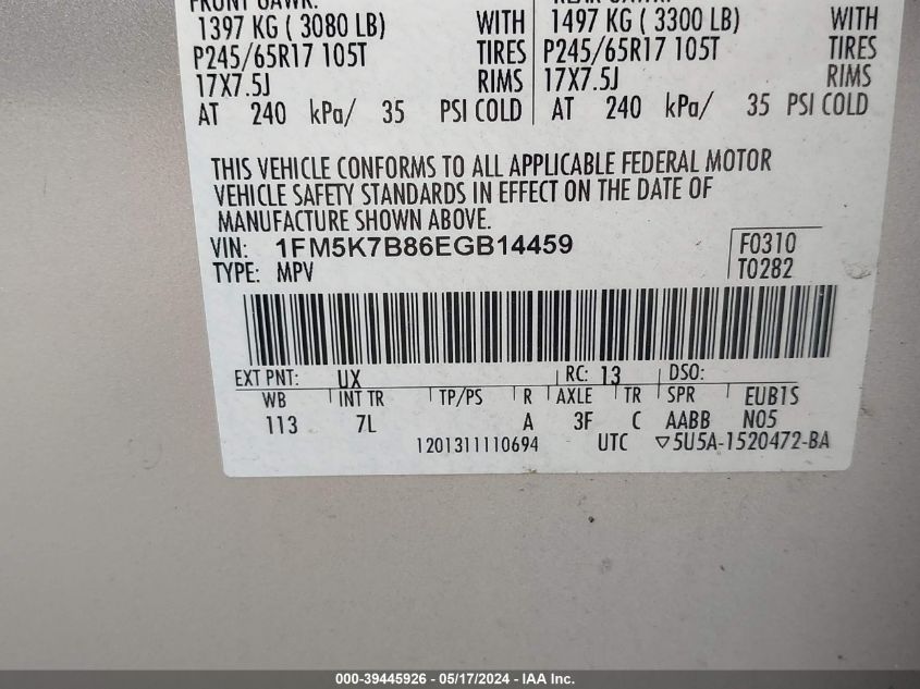 2014 Ford Explorer VIN: 1FM5K7B86EGB14459 Lot: 39445926