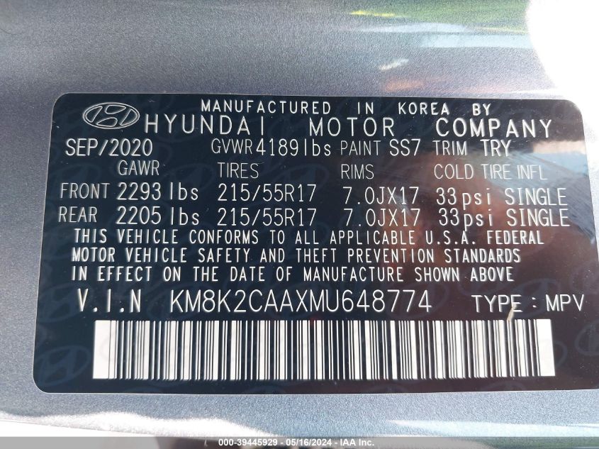 2021 Hyundai Kona Sel VIN: KM8K2CAAXMU648774 Lot: 39445929