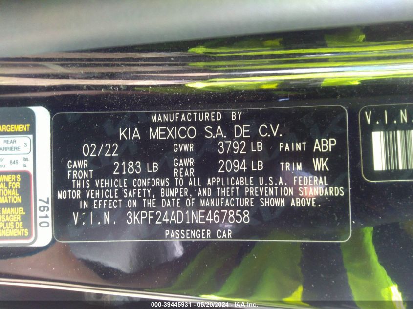 2022 Kia Forte Lxs VIN: 3KPF24AD1NE467858 Lot: 39445931