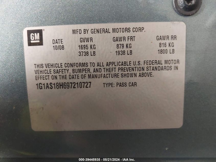 2009 Chevrolet Cobalt Ls VIN: 1G1AS18H697210727 Lot: 39445935