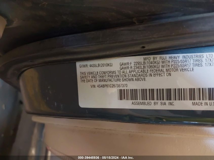 2006 Subaru Outback 2.5I VIN: 4S4BP61C267357370 Lot: 39445936