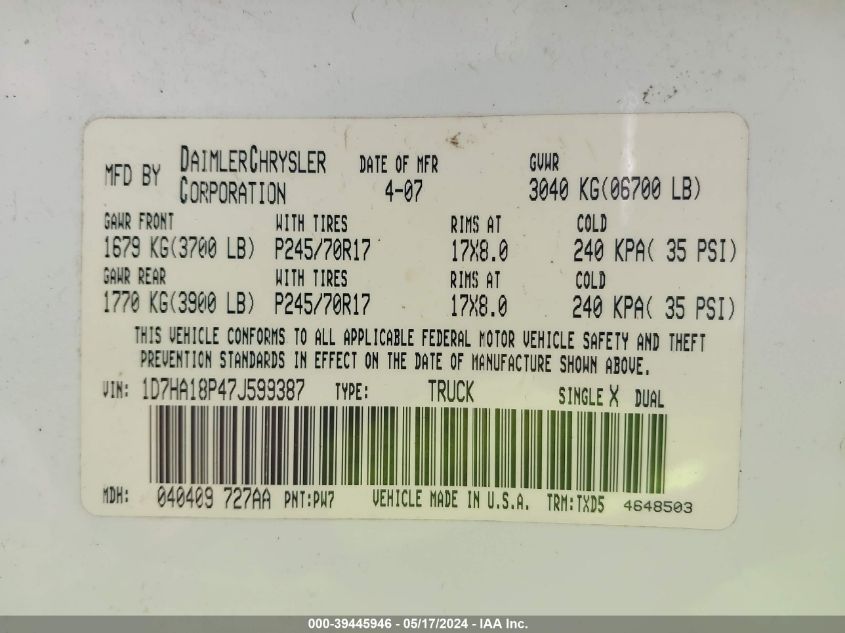 2007 Dodge Ram 1500 St VIN: 1D7HA18P47J599387 Lot: 39445946