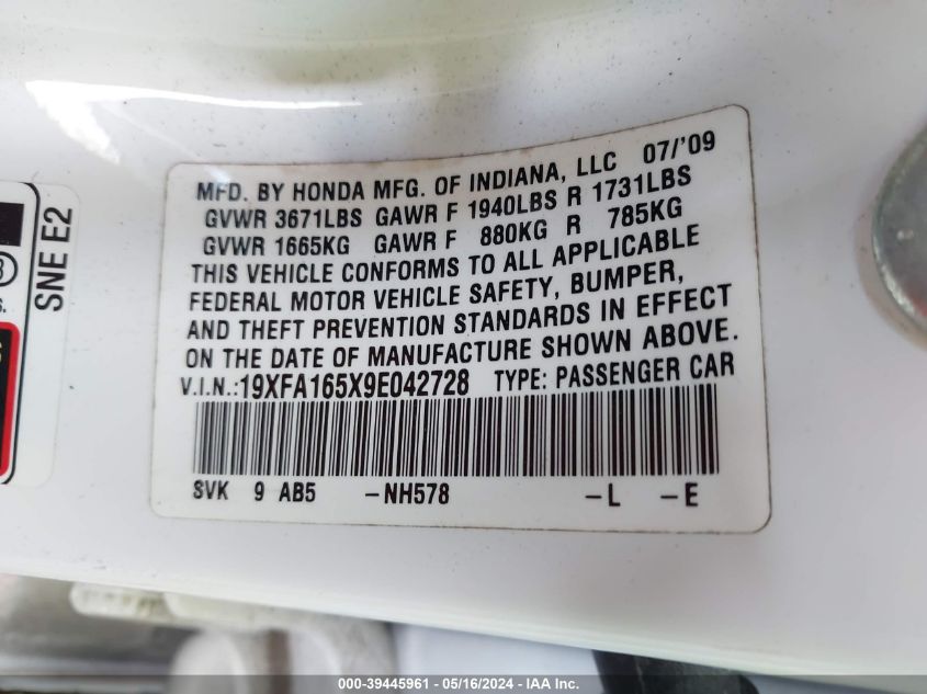 2009 Honda Civic Lx VIN: 19XFA165X9E042728 Lot: 39445961