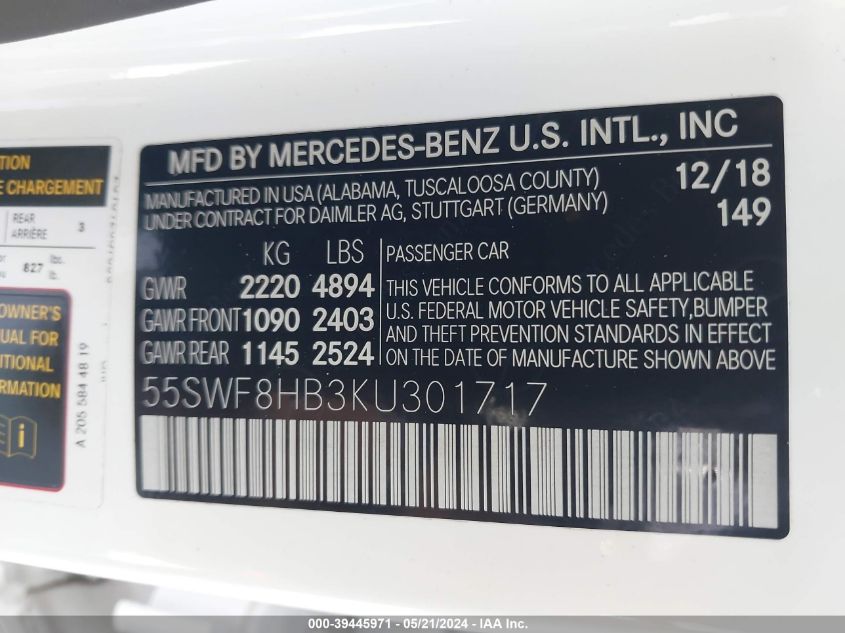 2019 Mercedes-Benz Amg C 63 S VIN: 55SWF8HB3KU301717 Lot: 39445971