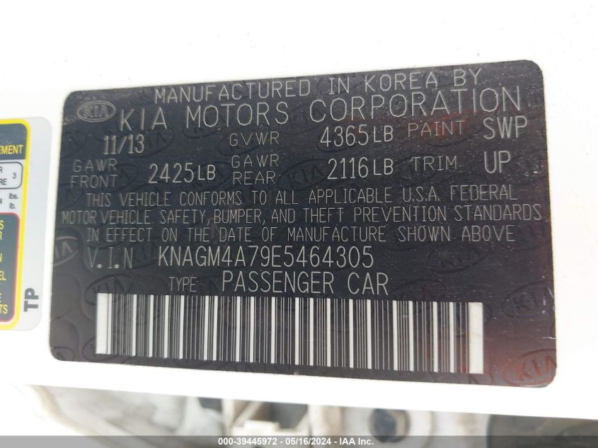 2014 Kia Optima Lx VIN: KNAGM4A79E5464305 Lot: 39445972