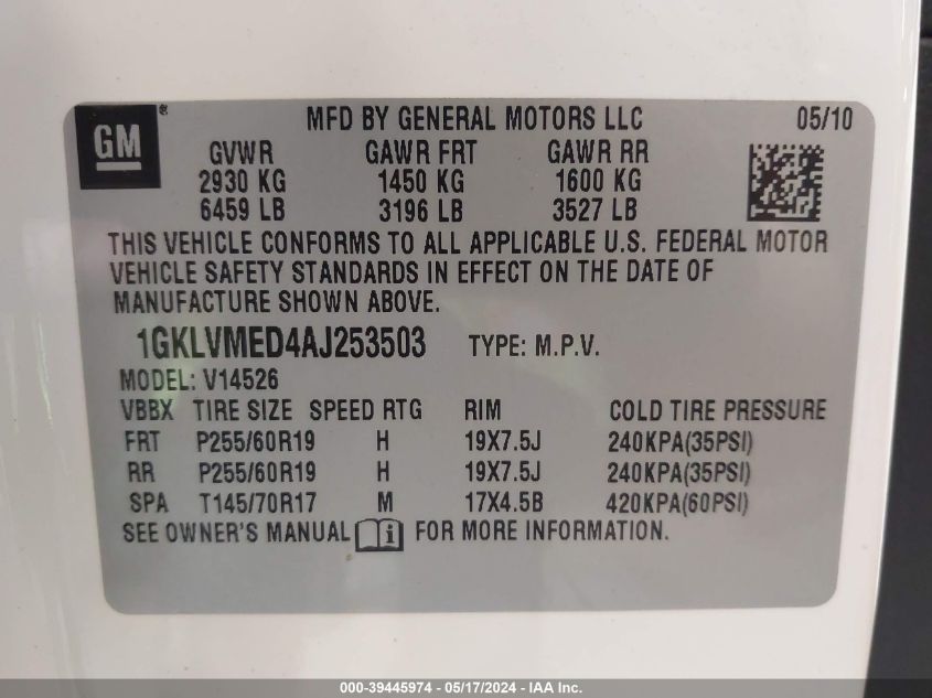 2010 GMC Acadia Slt-1 VIN: 1GKLVMED4AJ253503 Lot: 39445974