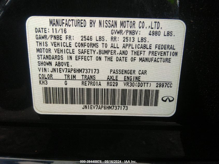 2017 Infiniti Q50 3.0T Premium VIN: JN1EV7AP6HM737173 Lot: 39445975