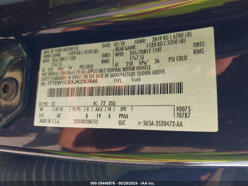 2018 Ford F-150 Xlt VIN: 1FTEW1CBXJKD83846 Lot: 39445976