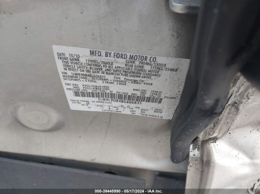 2011 Lincoln Mks VIN: 1LNHL9DR4BG606835 Lot: 39445990