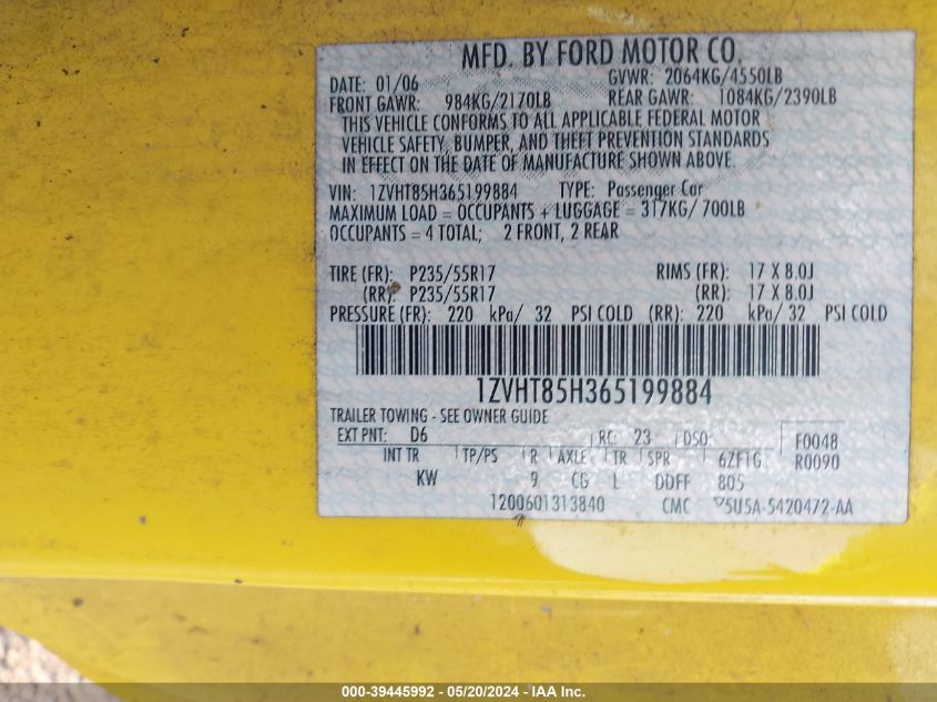 2006 Ford Mustang Gt VIN: 1ZVHT85H365199884 Lot: 39445992