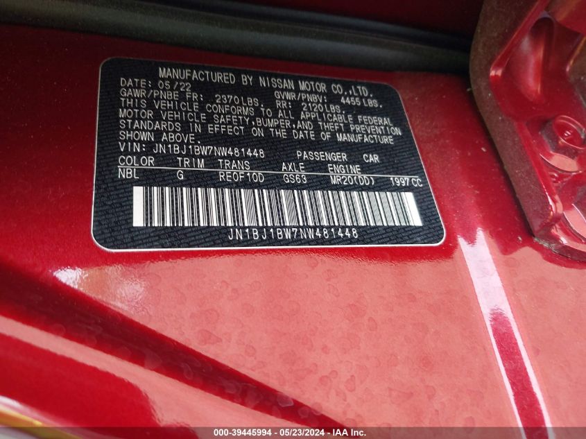 2022 Nissan Rogue Sport Sv Awd Xtronic Cvt VIN: JN1BJ1BW7NW481448 Lot: 39445994