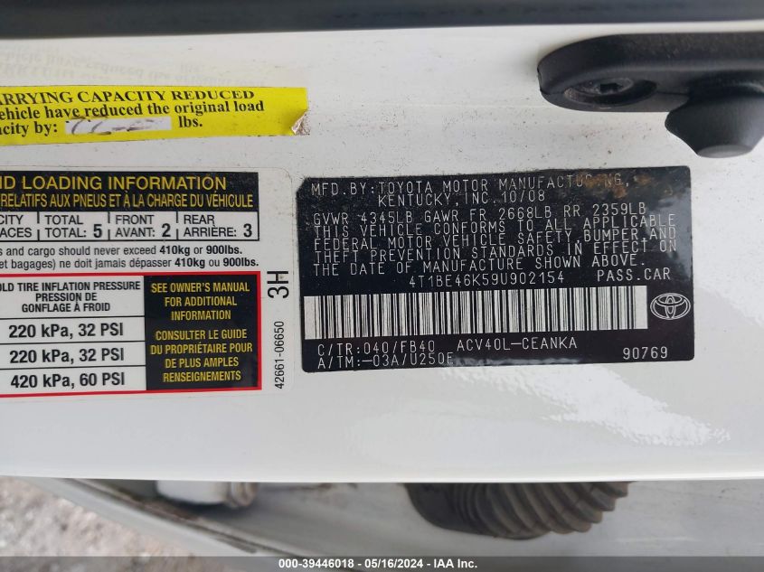 2009 Toyota Camry Le VIN: 4T1BE46K59U902154 Lot: 39446018