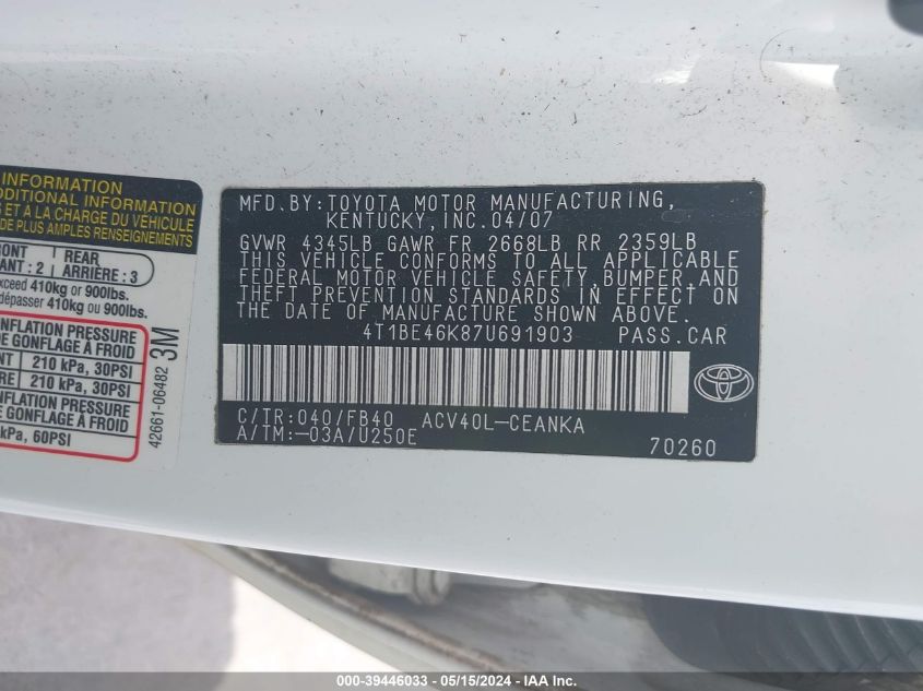 2007 Toyota Camry Le VIN: 4T1BE46K87U691903 Lot: 39446033