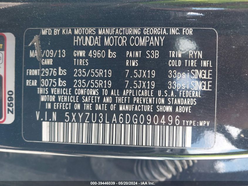 2013 Hyundai Santa Fe Sport 2.0T VIN: 5XYZU3LA6DG090496 Lot: 39446039