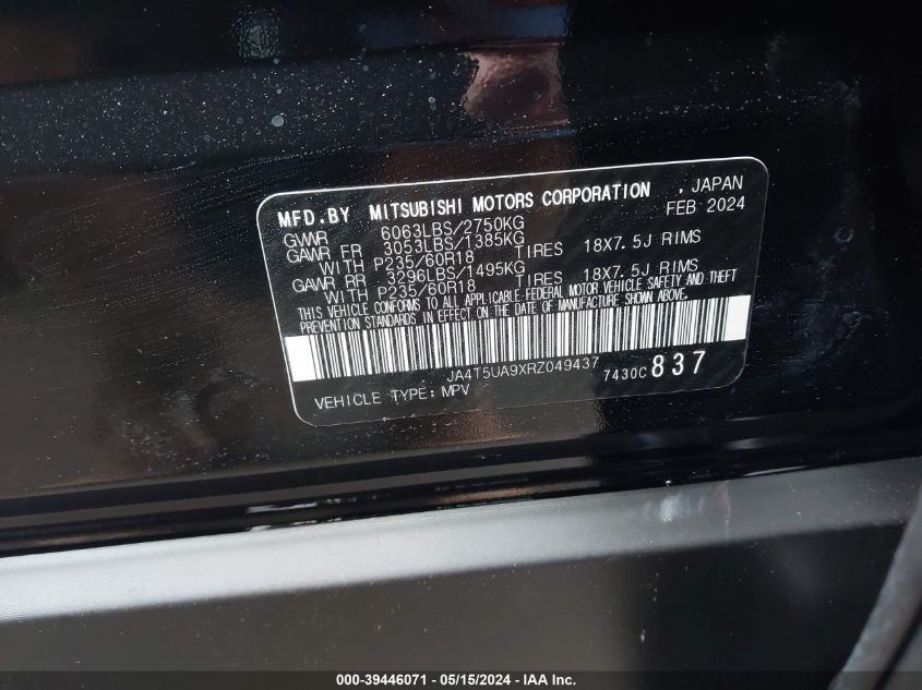 2024 Mitsubishi Outlander Phev Es S-Awc VIN: JA4T5UA9XRZ049437 Lot: 39446071