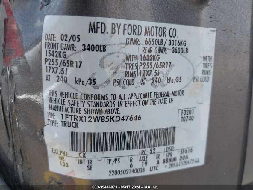 2005 Ford F-150 Stx/Xl/Xlt VIN: 1FPRX12385KB4764 Lot: 39446073