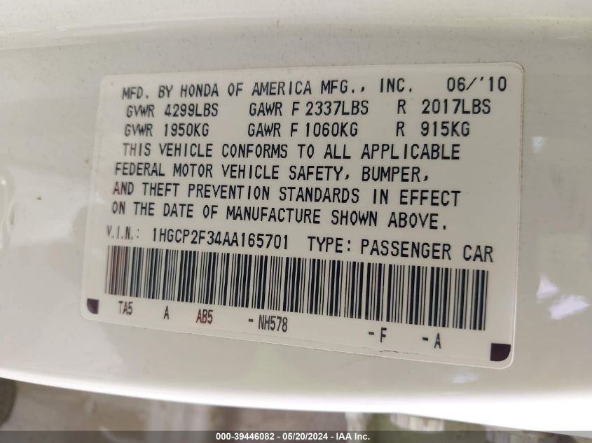2010 Honda Accord 2.4 Lx VIN: 1HGCP2F34AA165701 Lot: 39446082