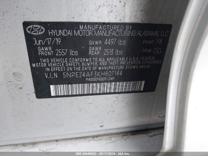 2019 Hyundai Sonata Se VIN: 5NPE24AF3KH807144 Lot: 39446083