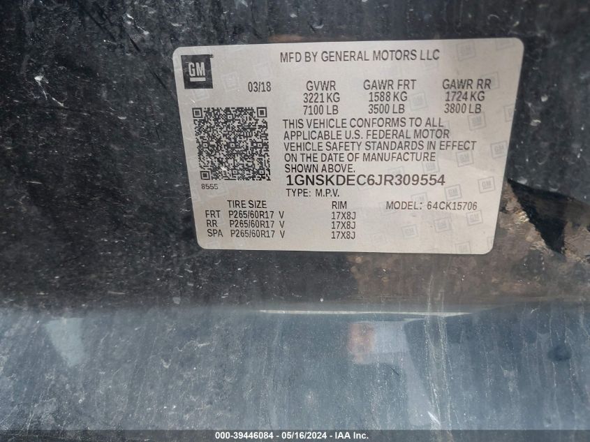 2018 Chevrolet Tahoe Commercial VIN: 1GNSKDEC6JR309554 Lot: 39446084
