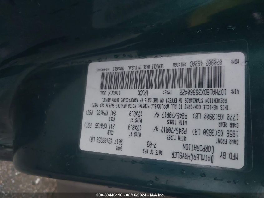 2003 Dodge Ram 1500 Slt/Laramie/St VIN: 1D7HA18DX3S360422 Lot: 39446116