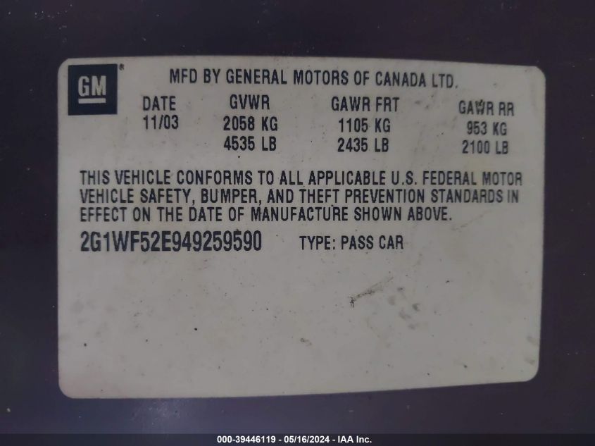 2004 Chevrolet Impala VIN: 2G1WF52E949259590 Lot: 39446119