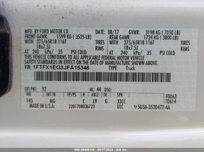 2018 Ford F-150 Xlt VIN: 1FTFX1EG3JFA15348 Lot: 39446136