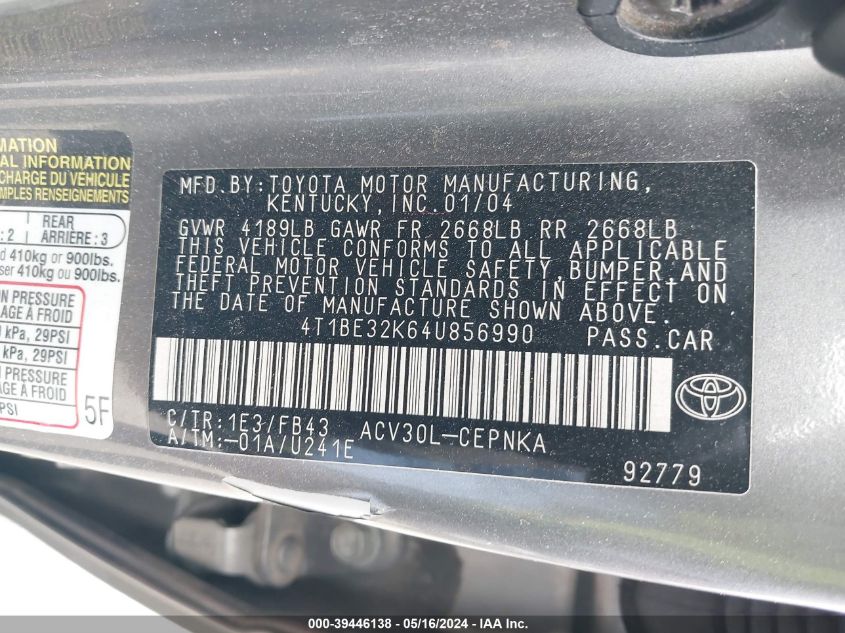 2004 Toyota Camry Le VIN: 4T1BE32K64U856990 Lot: 39446138