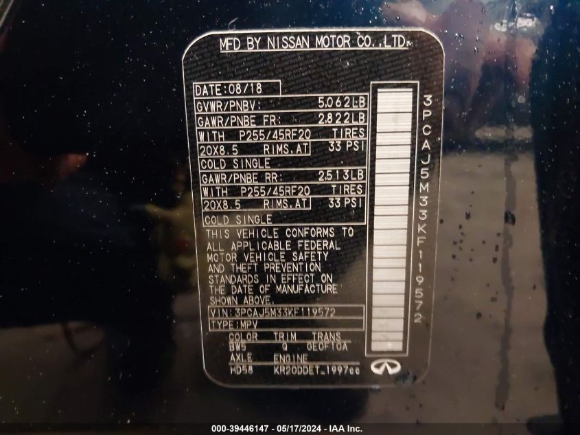 2019 Infiniti Qx50 Essential VIN: 3PCAJ5M33KF119572 Lot: 39446147