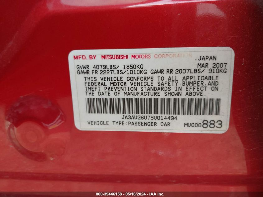 2008 Mitsubishi Lancer De/Es VIN: JA3AU26U78U014494 Lot: 39446158