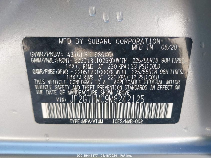 2021 Subaru Crosstrek Limited VIN: JF2GTHMC9M8242125 Lot: 39446177