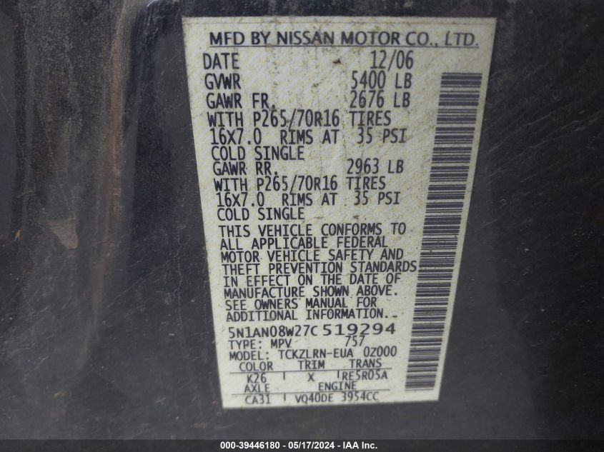 2007 Nissan Xterra S VIN: 5N1AN08W27C519294 Lot: 39446180