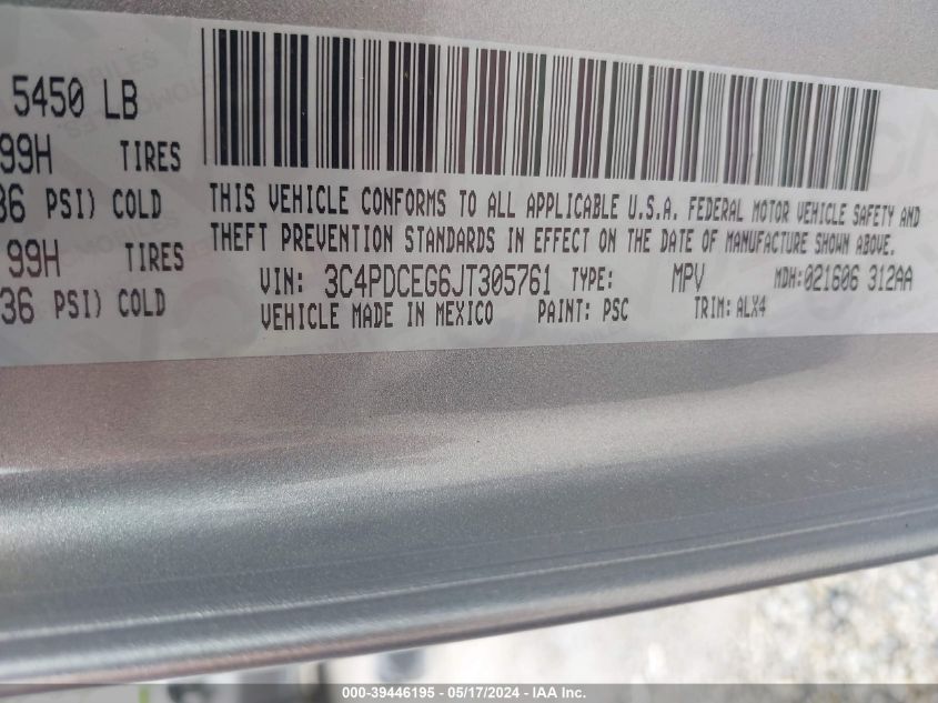 2018 Dodge Journey Gt VIN: 3C4PDCEG6JT305761 Lot: 39446195